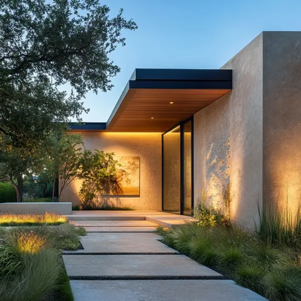 A-houses-exterior-leans-into-a-serene-nature-integrated-approach-embracing-smooth-stucco-surfaces-neutral-tones-and-warm-accent-lighting