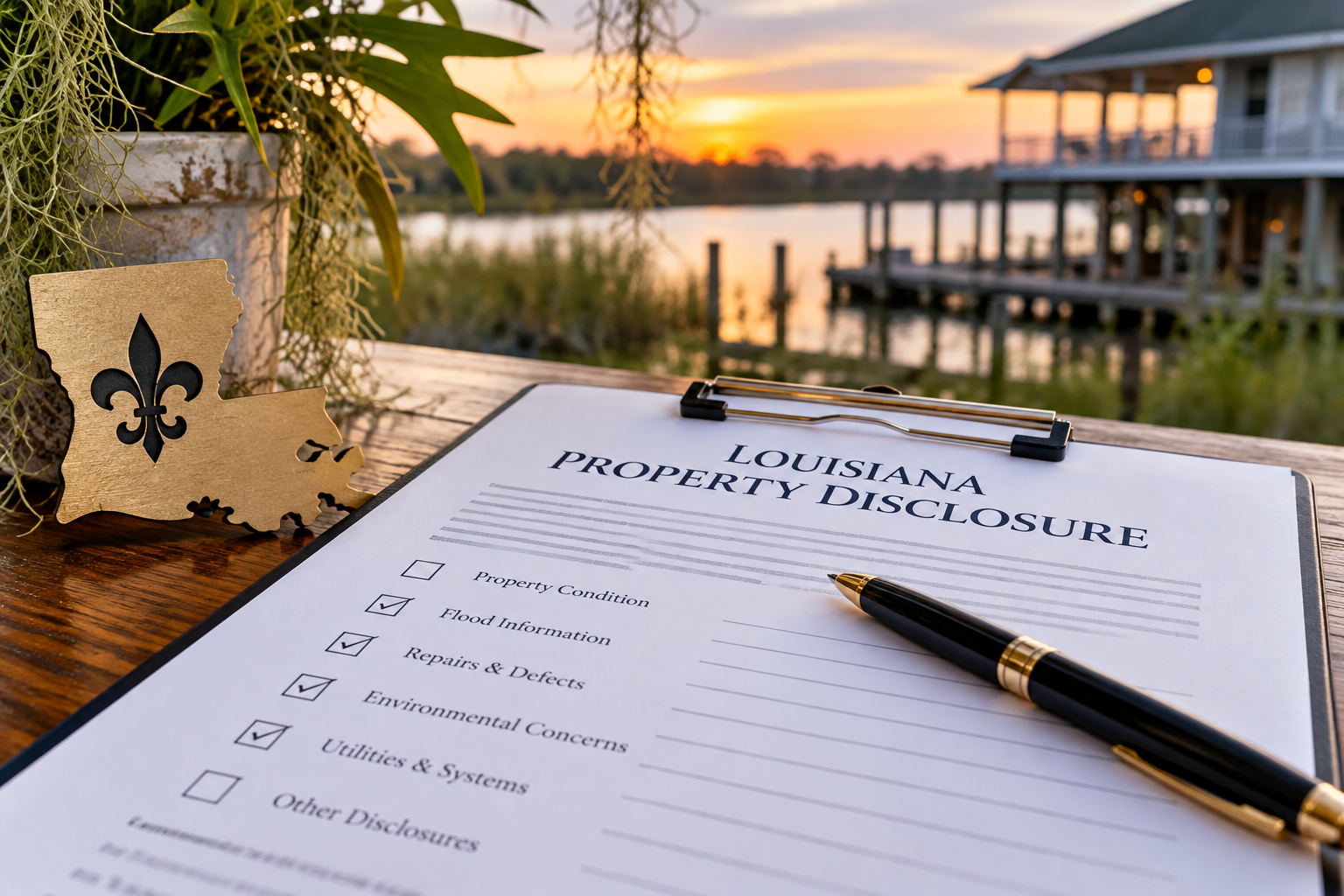 Must disclose items when selling your home in Louisiana: Louisiana Property Disclosure checklist on a clipboard with a pen, Louisiana state keepsake, and a bayou sunset in Houma, Thibodaux, & The Bayou Region