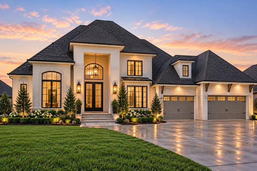 Luxury white brick home with arched entry, large windows, and a three-car garage at sunset