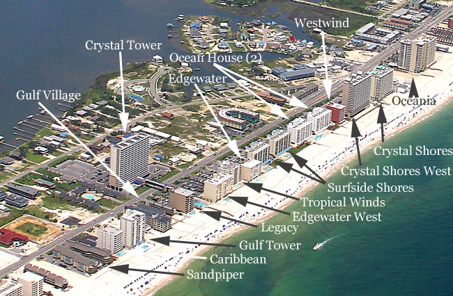 Aerial map of Gulf Shores and Orange Beach, Alabama, showing beachfront condominium locations labeled along the Gulf of Mexico shoreline.