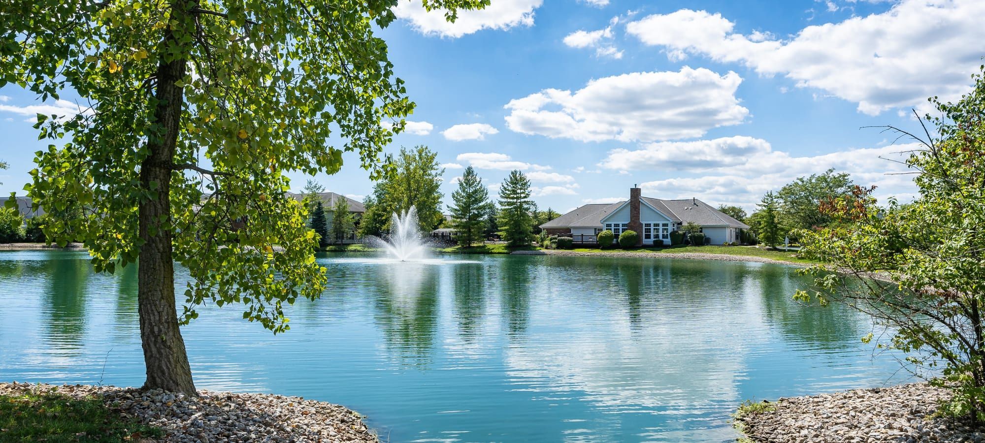 Landscaped residential pond with a fountain and nearby homes