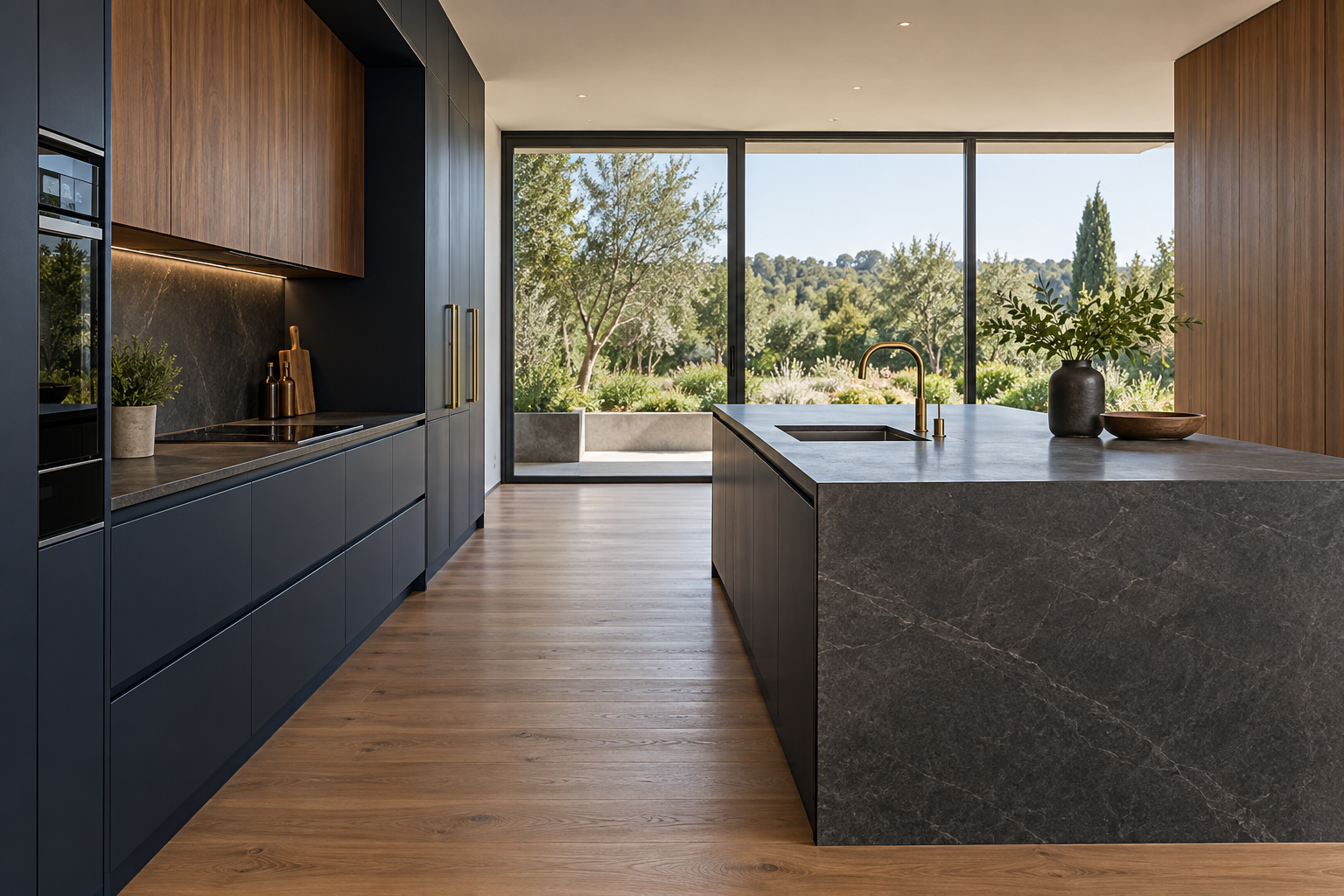 Illustrative contemporary kitchen showing clear circulation space, navy cabinetry and a stone island