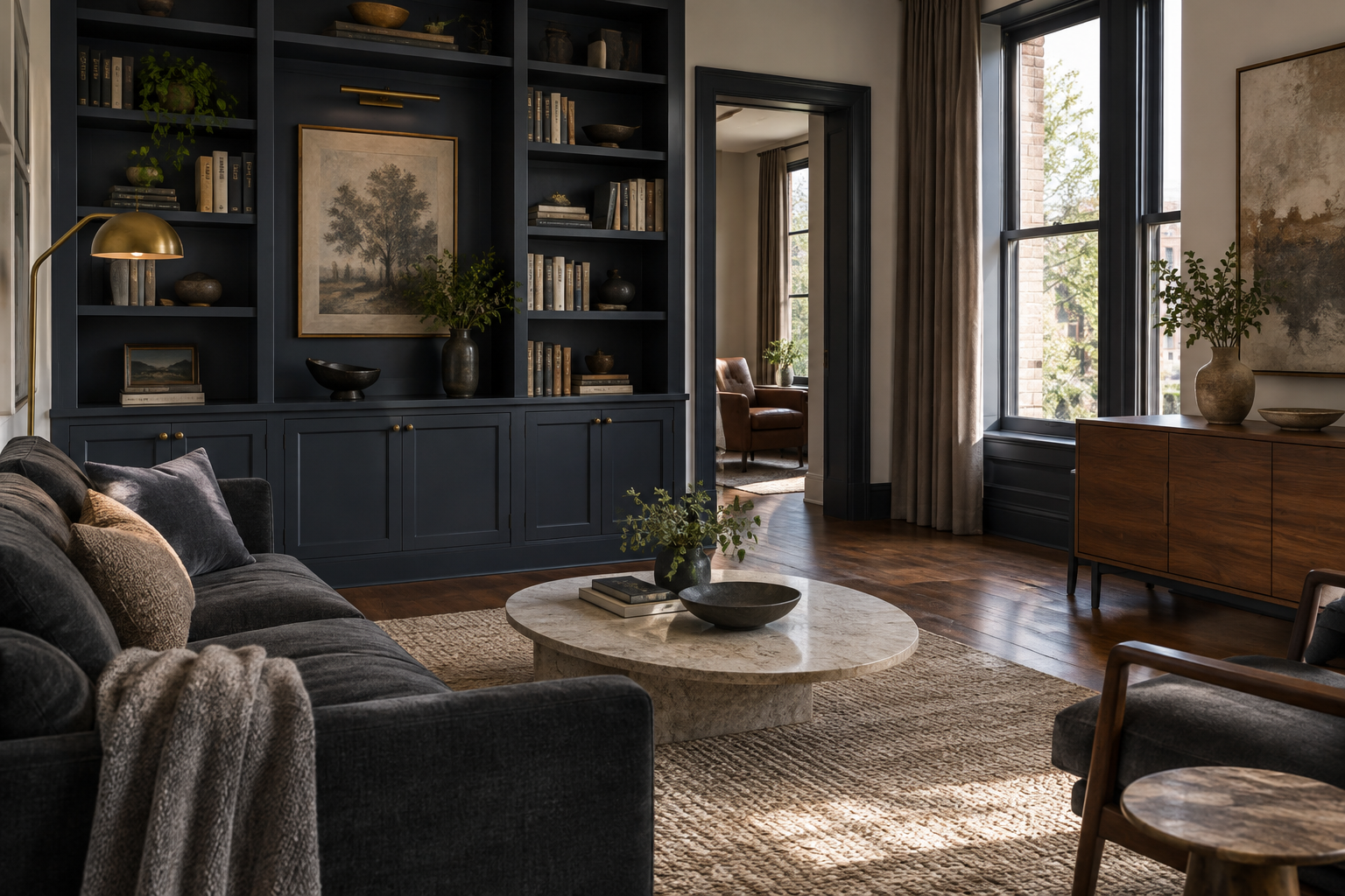 Illustrative renovated apartment living room with navy cabinetry, walnut finishes, and charcoal seating