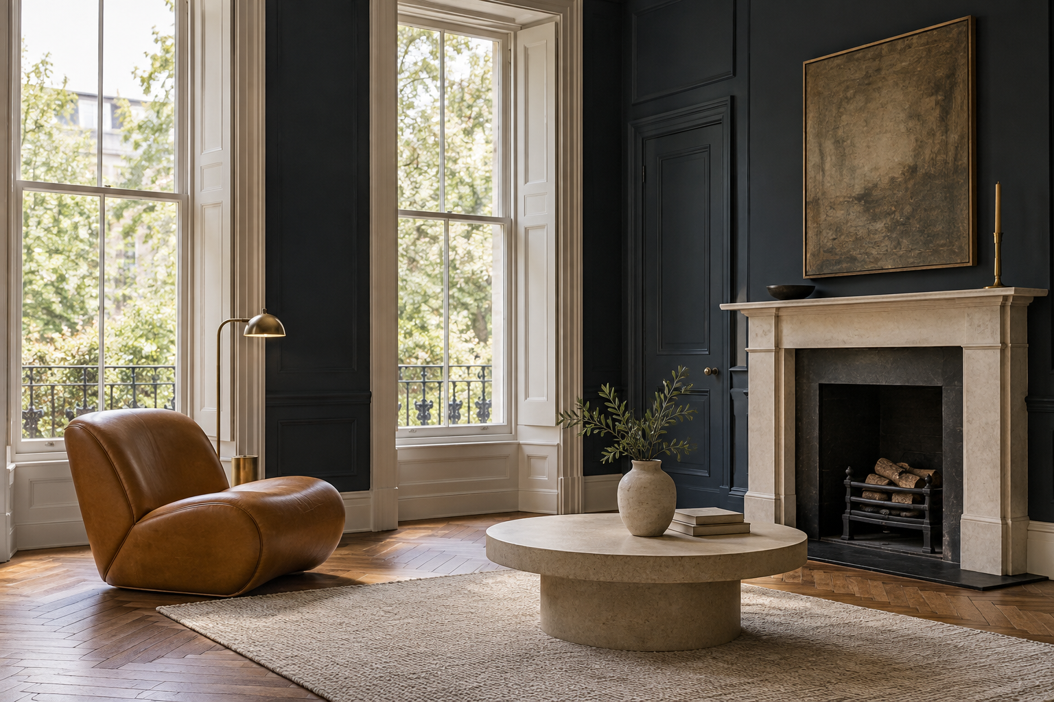 Illustrative historic interior with tall sash windows, restored wood flooring and a minimalist navy palette