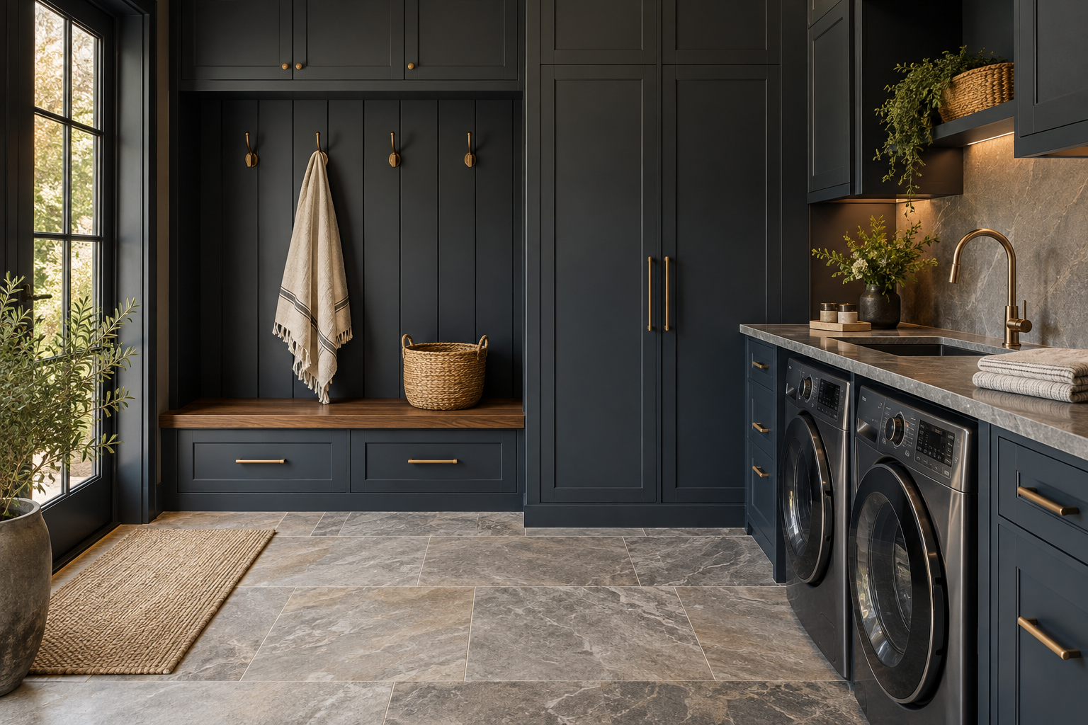 Illustrative organized mudroom and laundry with navy cabinetry and a walnut bench