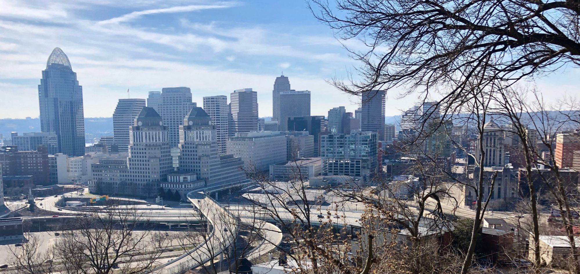 Panoramic downtown Cincinnati skyline seen from Mount Adams