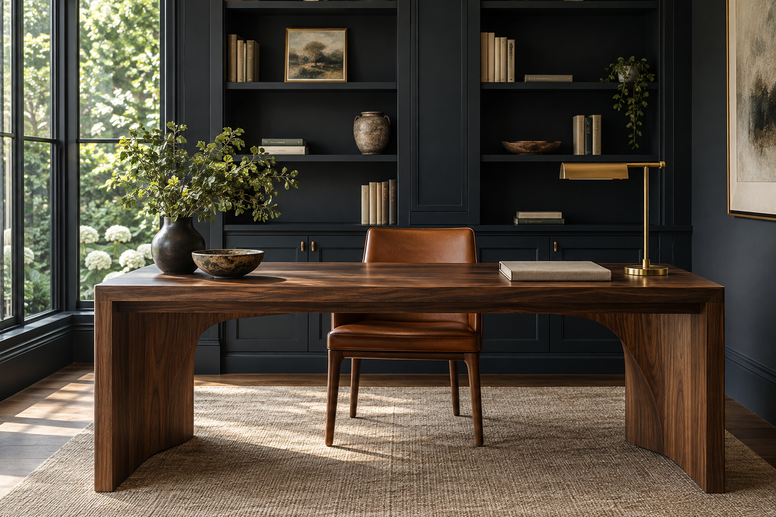 Illustrative minimalist private study with navy cabinetry and a walnut desk