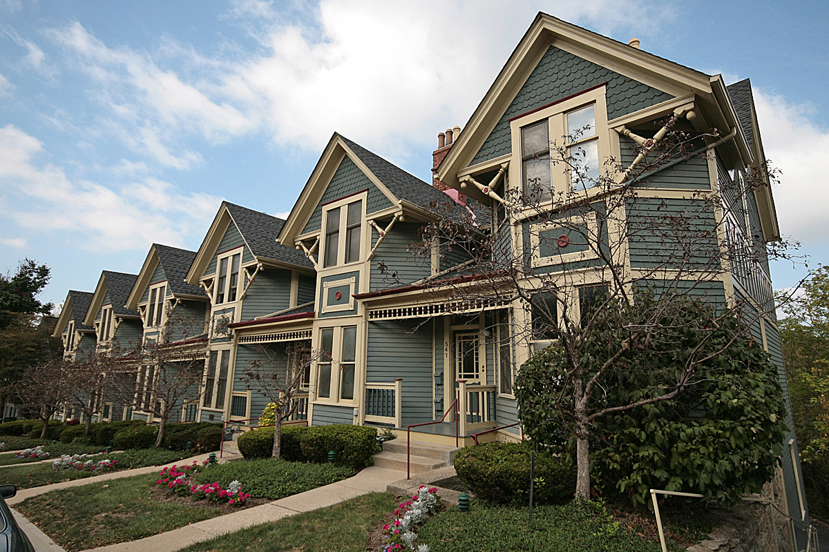 Decorative gables and porches of the Stephen Decker Rowhouse in Columbia Tusculum
