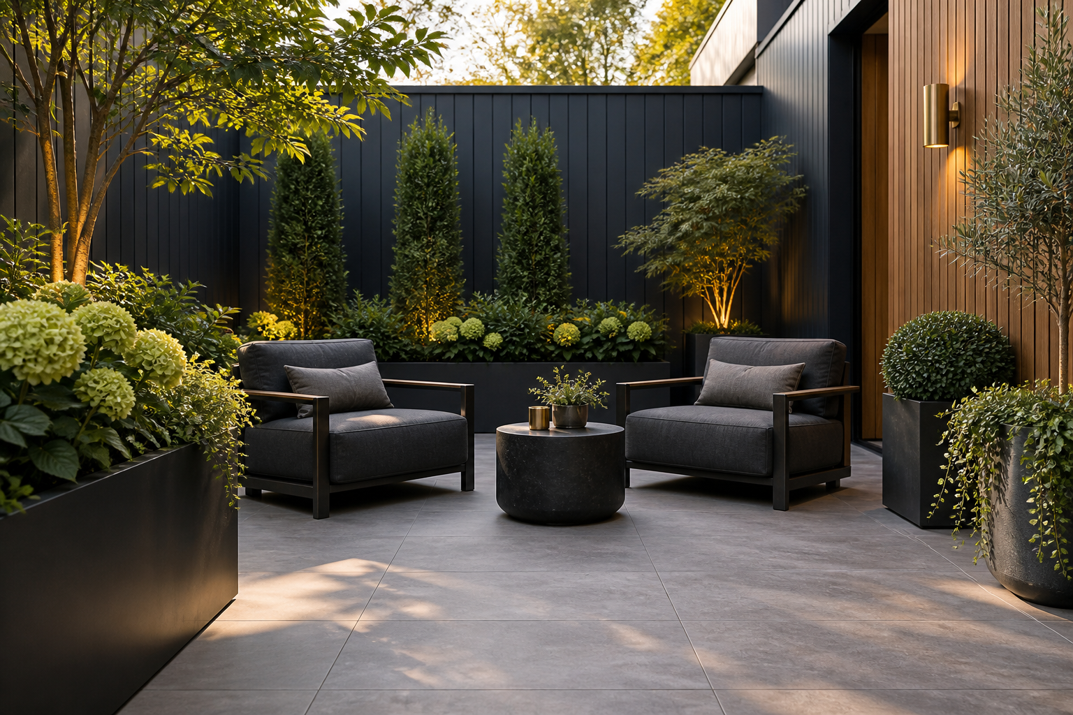 Illustrative private courtyard with dark lounge chairs, wood screening, and sculptural greenery
