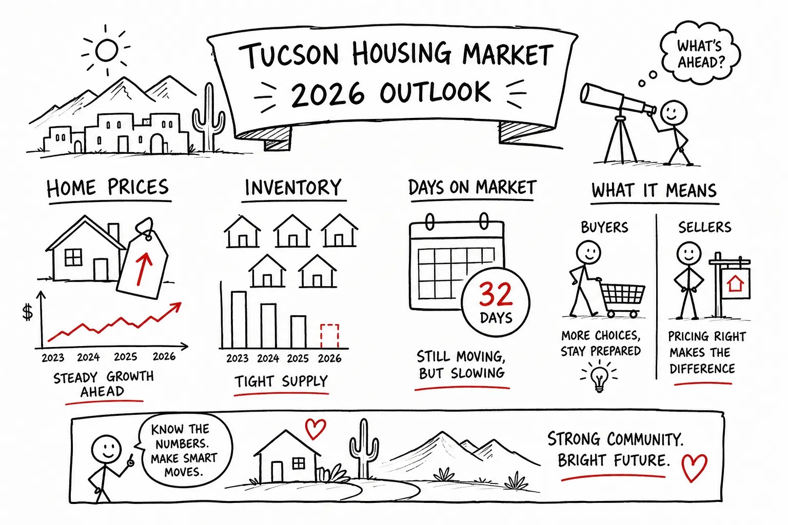 Hand-drawn banner reading Tucson Housing Market 2026 Outlook over adobe buildings and a saguaro, with four columns: home prices showing steady growth ahead, inventory labeled tight supply, days on market at 32 days still moving but slowing, and what it means, telling buyers they have more choices and should stay prepared and sellers that pricing right makes the difference.