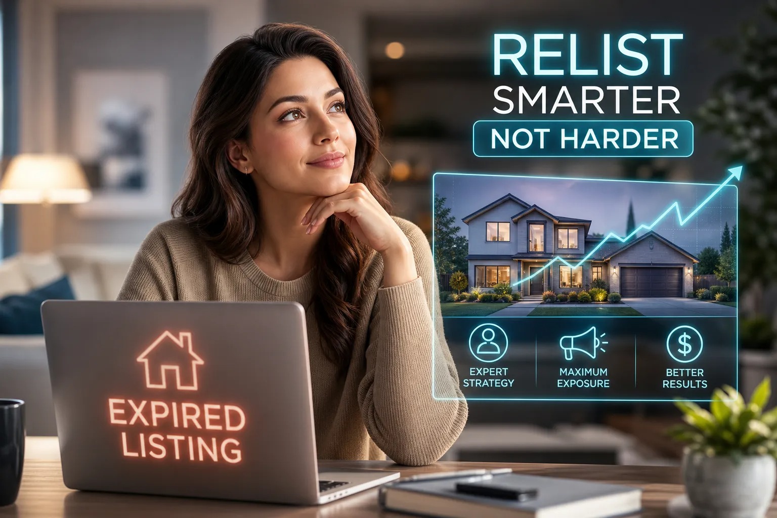 A homeowner sits at a laptop glowing with the words expired listing, looking toward a panel that reads relist smarter not harder above a house with a rising trend line and three icons labeled expert strategy, maximum exposure, and better results.