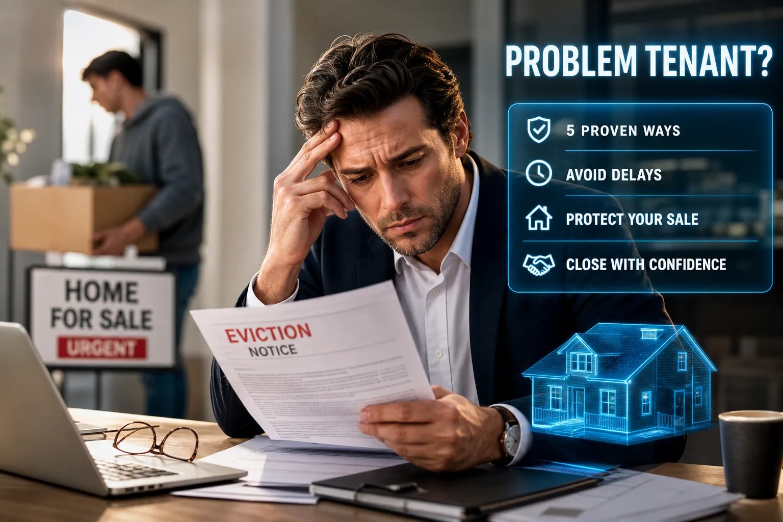 A landlord in a suit sits at a desk reading an eviction notice with his head in his hand, a tenant carrying a moving box and an urgent home for sale sign behind him, beside an overlay panel headed Problem Tenant? listing 5 proven ways, avoid delays, protect your sale, and close with confidence.