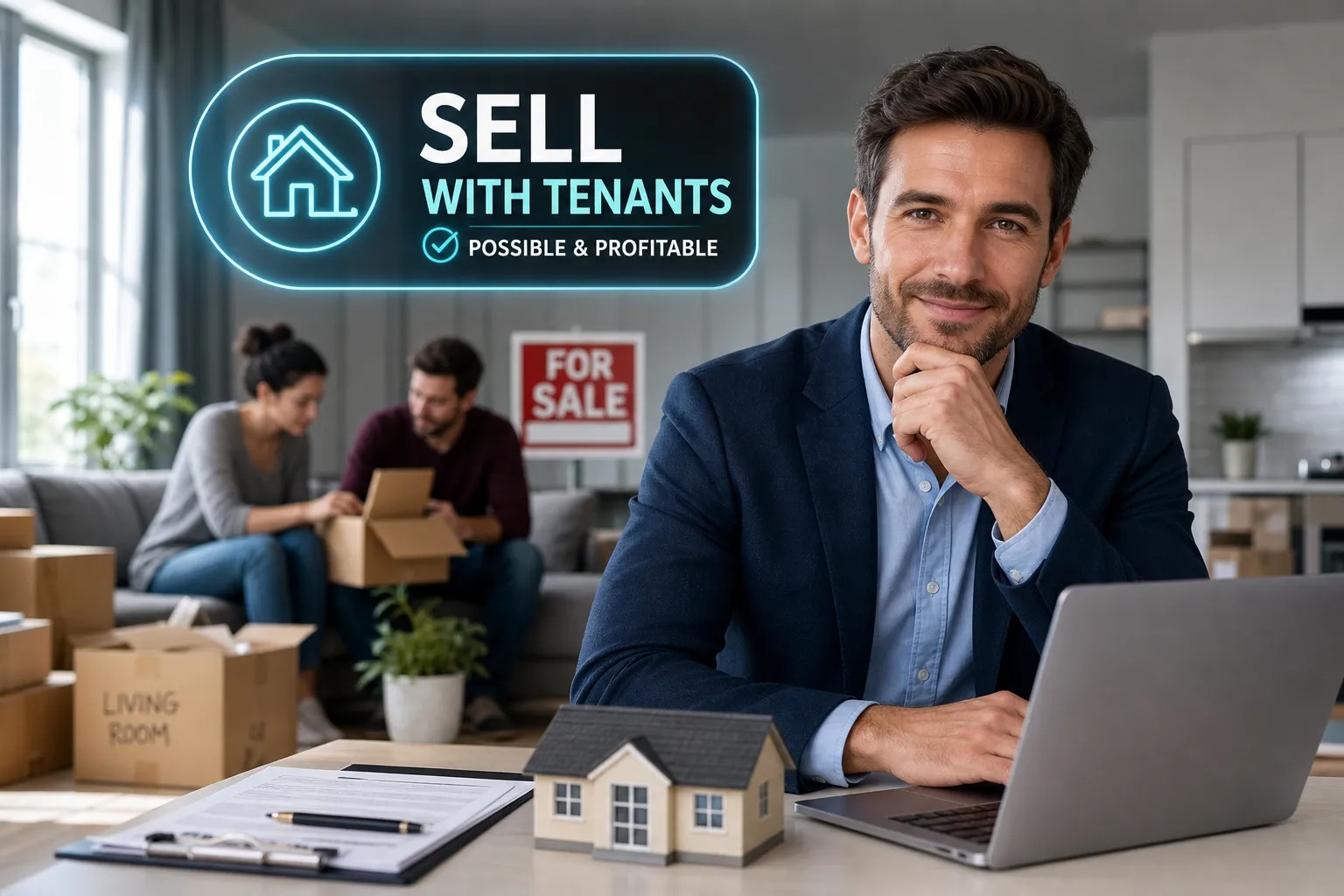 A landlord in a navy blazer works at a laptop beside a model house and a clipboard of paperwork, while a couple packs moving boxes near a for sale sign behind him, under a neon overlay reading Sell With Tenants, Possible and Profitable.