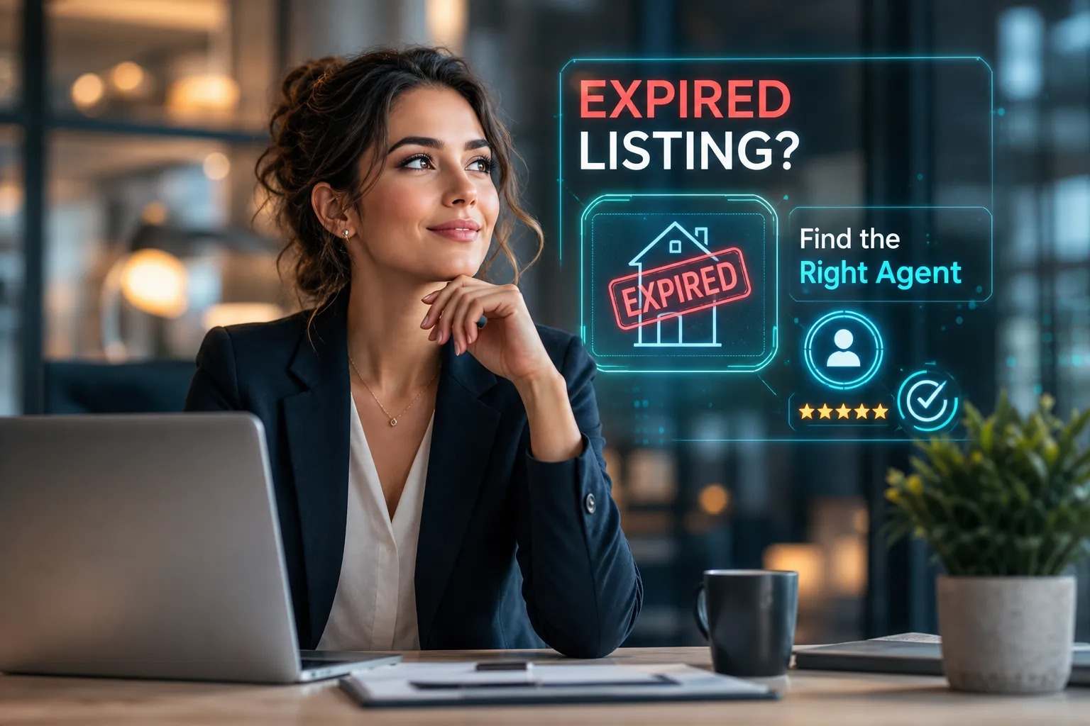 A seller in a navy blazer sits at a laptop looking toward glowing panels that read expired listing, showing a house stamped expired beside a find the right agent panel with a profile icon, a five star rating, and a checkmark.