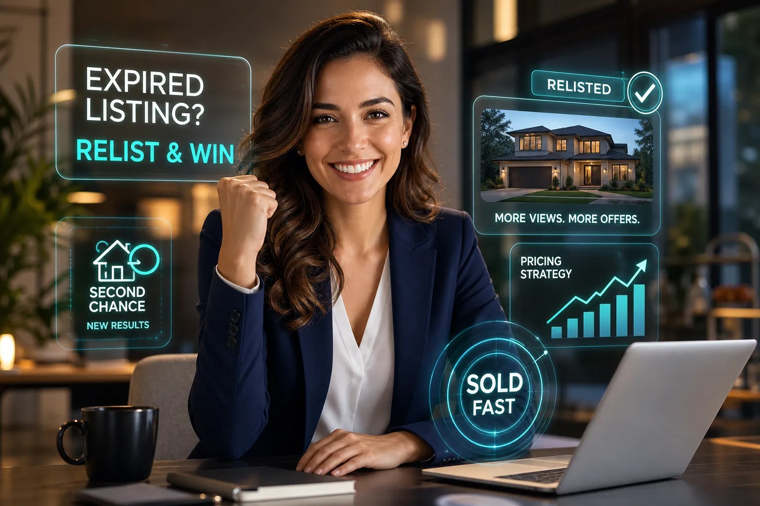 An agent in a navy blazer sits at a laptop surrounded by glowing panels reading expired listing, relist and win, second chance new results, a relisted home labeled more views more offers, a pricing strategy chart trending upward, and a sold fast badge.