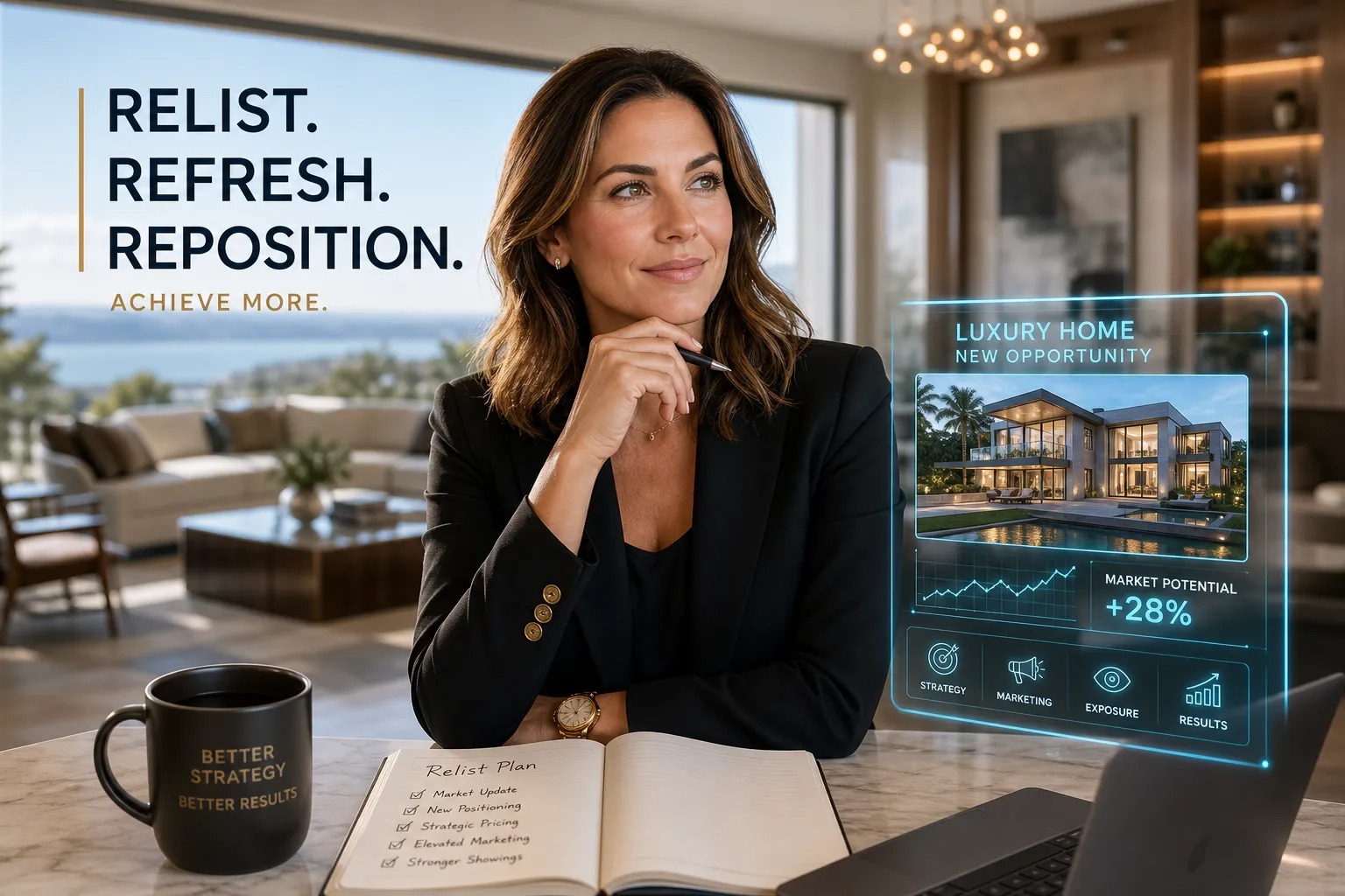 An agent in a black blazer sits with an open relist plan notebook listing market update, new positioning, strategic pricing, elevated marketing, and stronger showings, beside a headline reading relist, refresh, reposition, achieve more, and a panel showing a modern luxury home labeled new opportunity with a market potential figure and icons for strategy, marketing, exposure, and results.