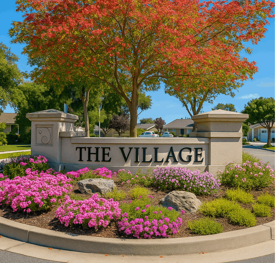 Stone entry monument sign reading “THE VILLAGE” in the Hillsdale 94403 area of San Mateo, with colorful landscaping and a quiet residential street behind it.