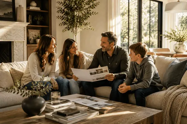 Family reviewing home listings together in a sunlit living room