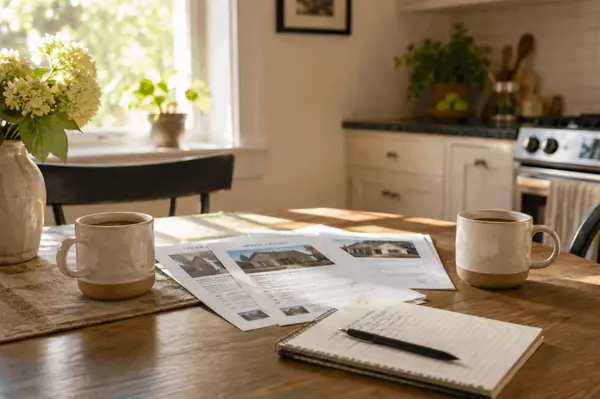 Two coffee mugs and home listing papers on a kitchen table in morning light