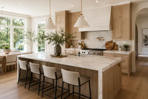 Bright staged kitchen with marble island ready for listing photos