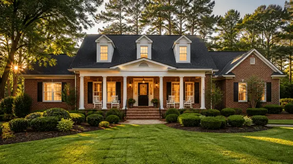 Staged Columbia SC brick home with a welcoming front porch and fresh landscaping, ready to list