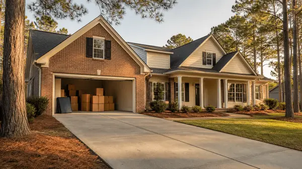 Brick home in Northeast Columbia SC with moving boxes in the garage, ready for a fast cash sale