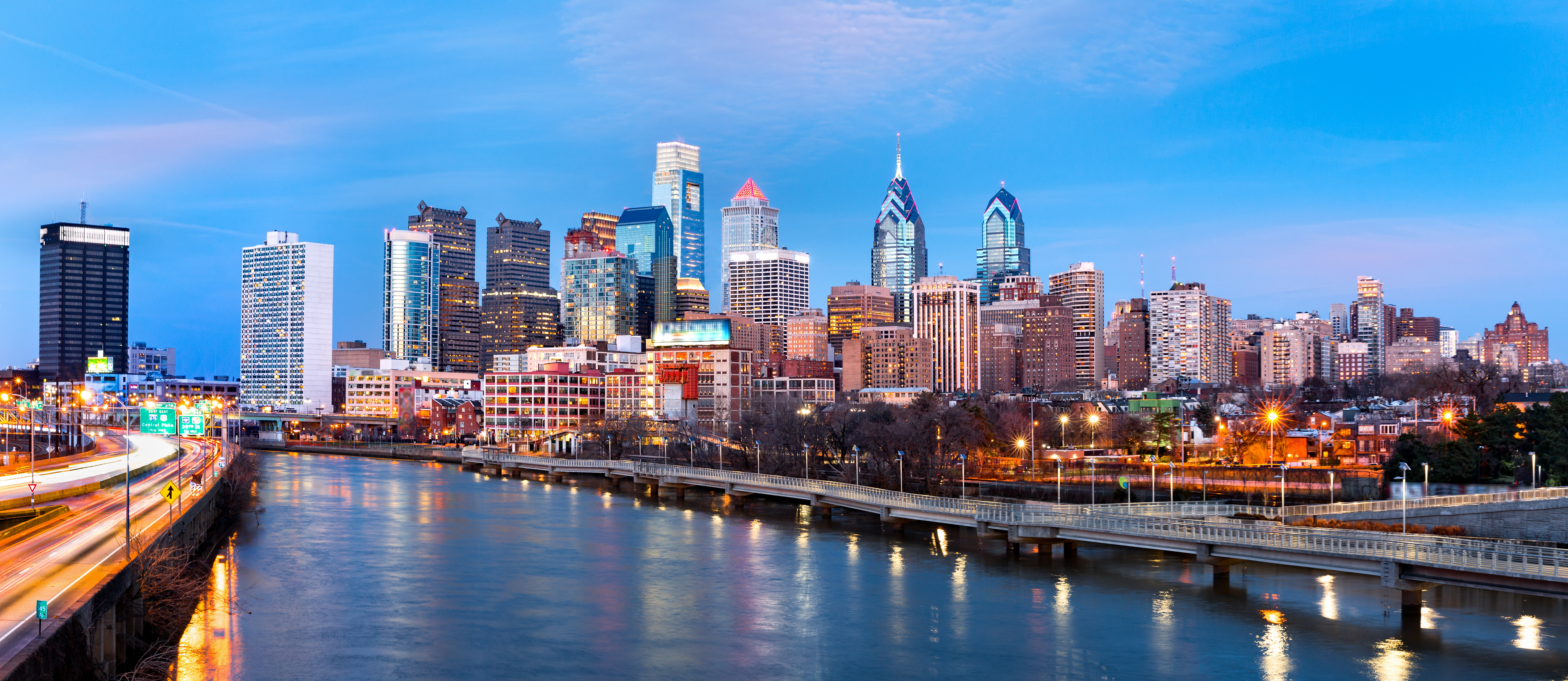 Philadelphia skyline at dusk along the Schuylkill river
