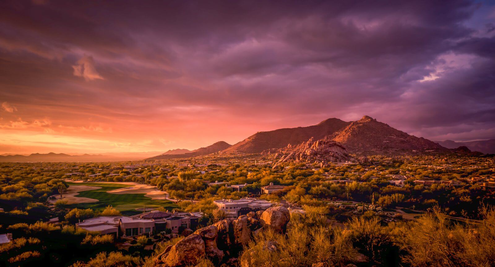 Desert sunset over an Arizona neighborhood