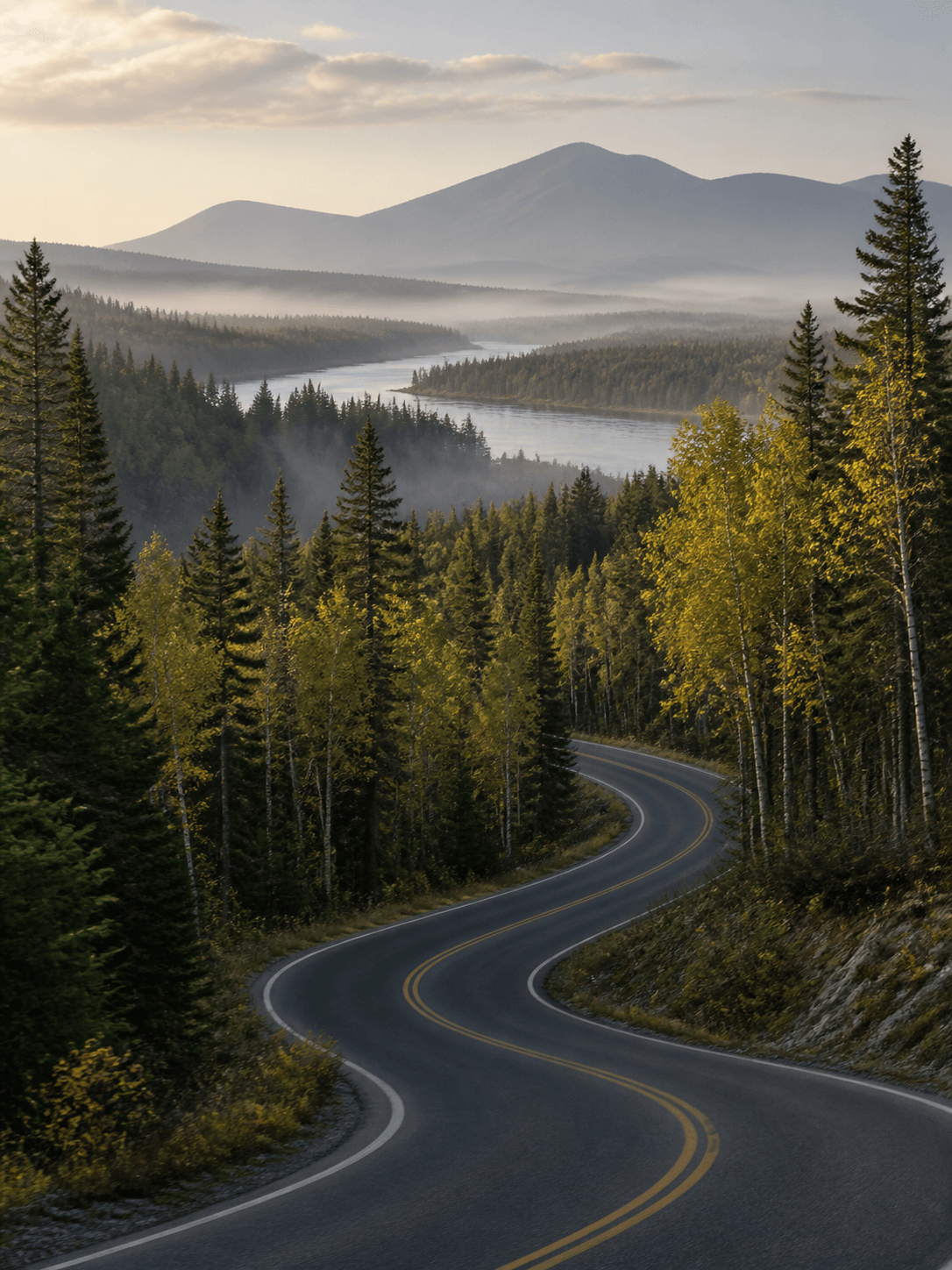 Quiet road through northern spruce and birch forest in the Great North Woods of New Hampshire