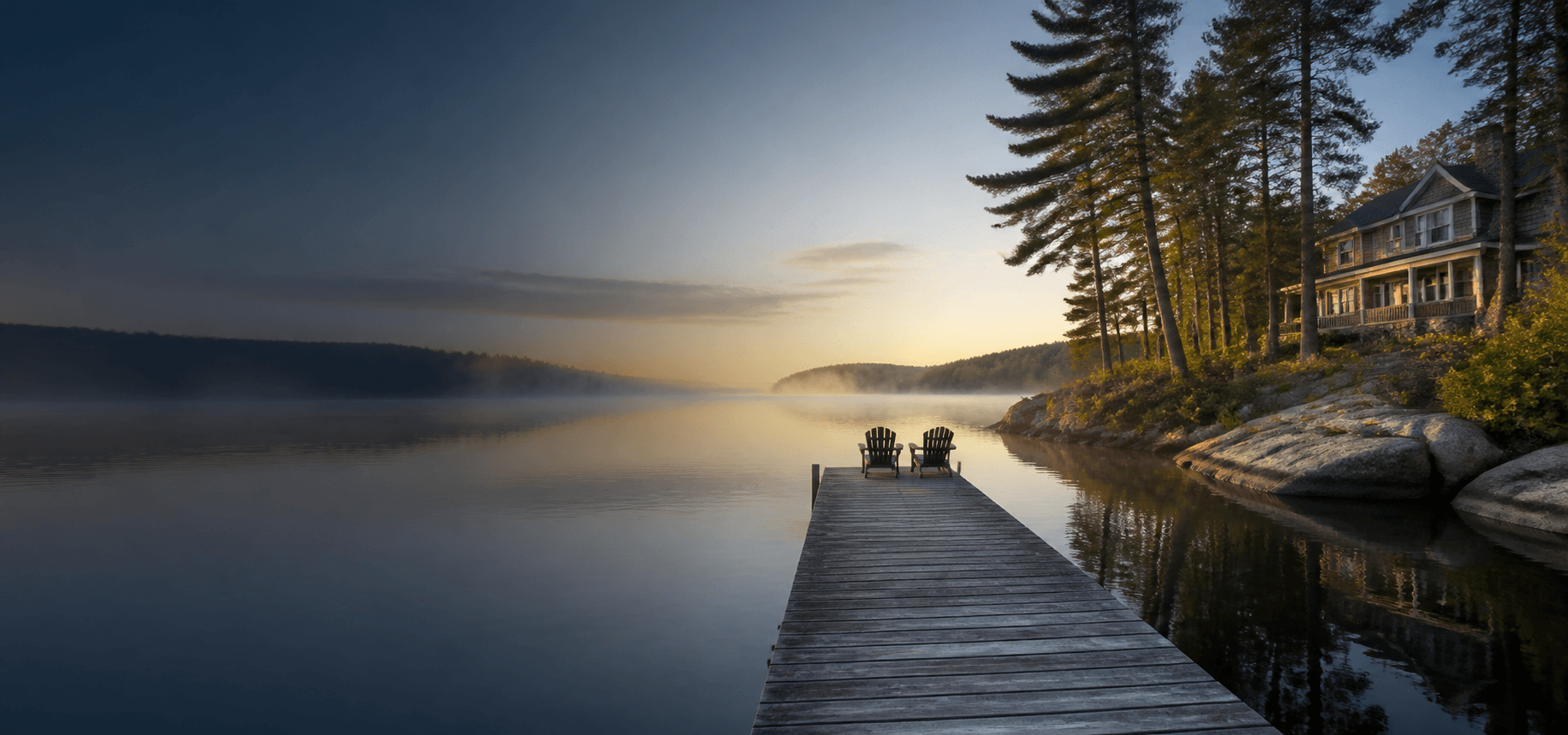 Wooden dock reaching into a calm New England lake at sunrise with a lake house among the pines