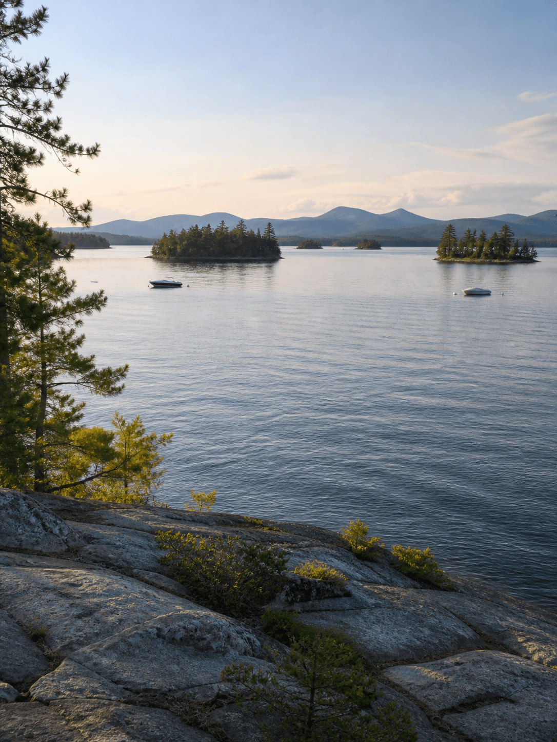 Large New Hampshire lake with pine-covered islands on a clear summer evening