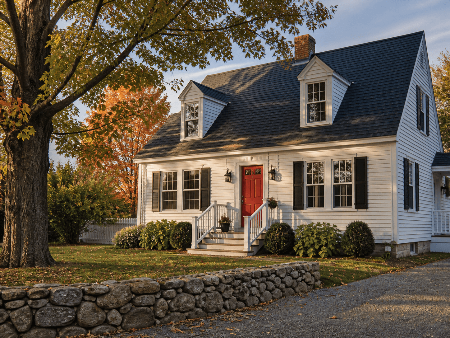 White clapboard New England cape-style home with black shutters and a stone wall in autumn