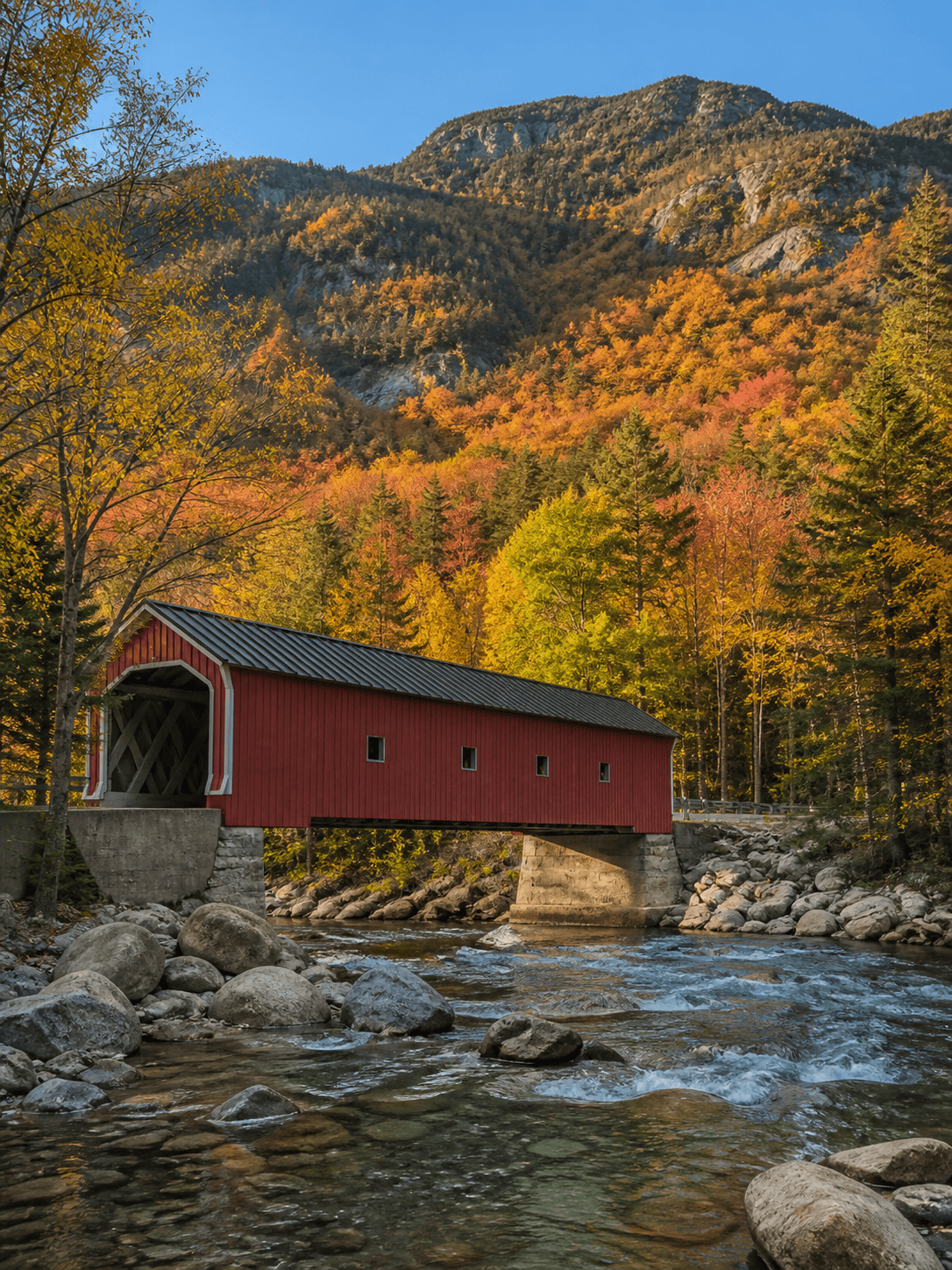 Covered bridge over a river in the White Mountains of New Hampshire in autumn