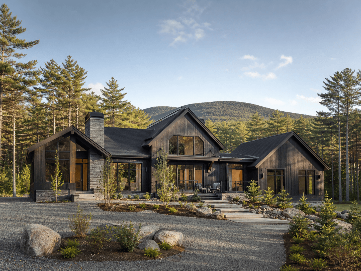 Newly completed contemporary mountain home of timber, stone and glass on a cleared forest lot