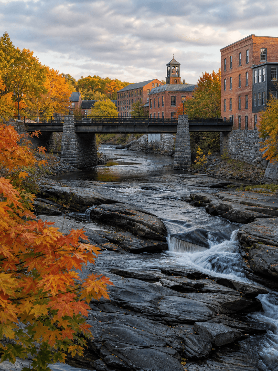 River running through a Western Maine mill town in autumn near Rumford