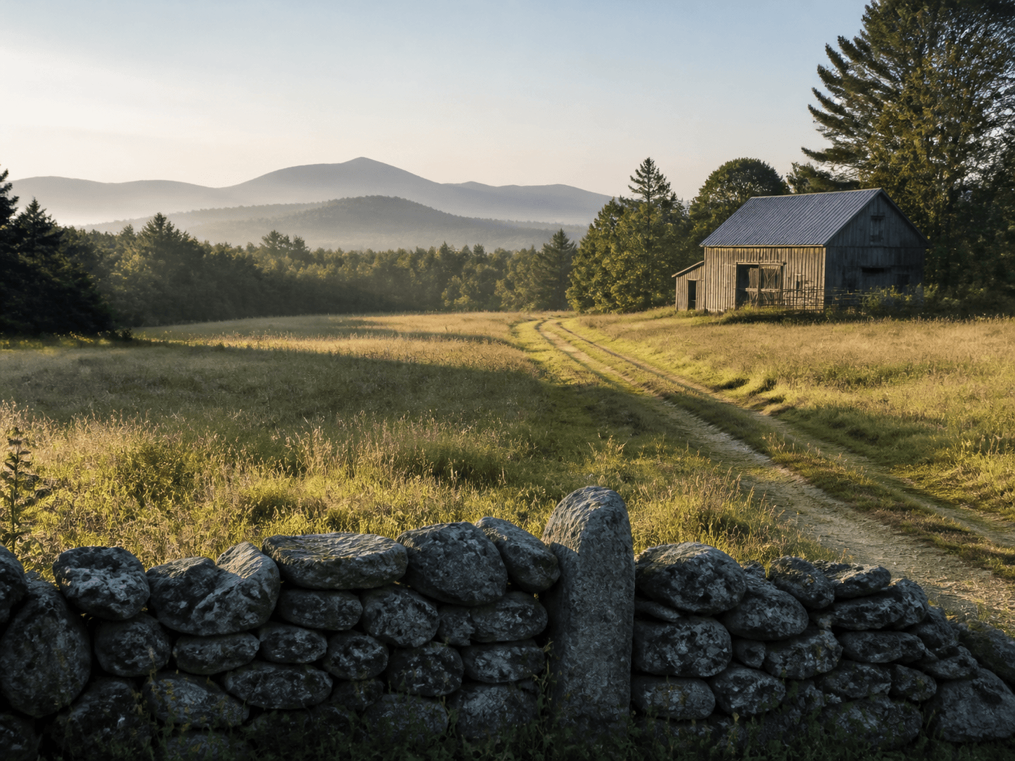 Open New England meadow and woodland with a stone wall and weathered barn, mountains on the horizon