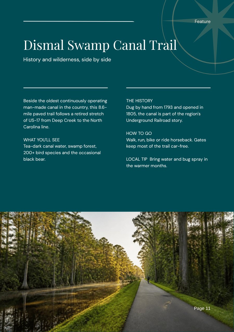 Dismal Swamp Canal Trail feature page from the Chesapeake city guide