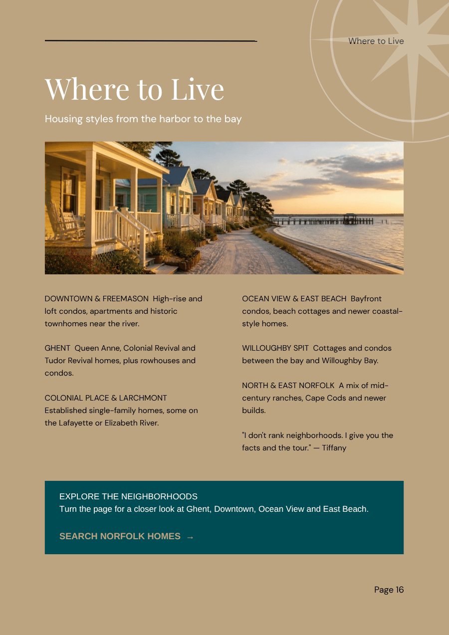 Where to Live page from the Norfolk city guide showing housing styles by area