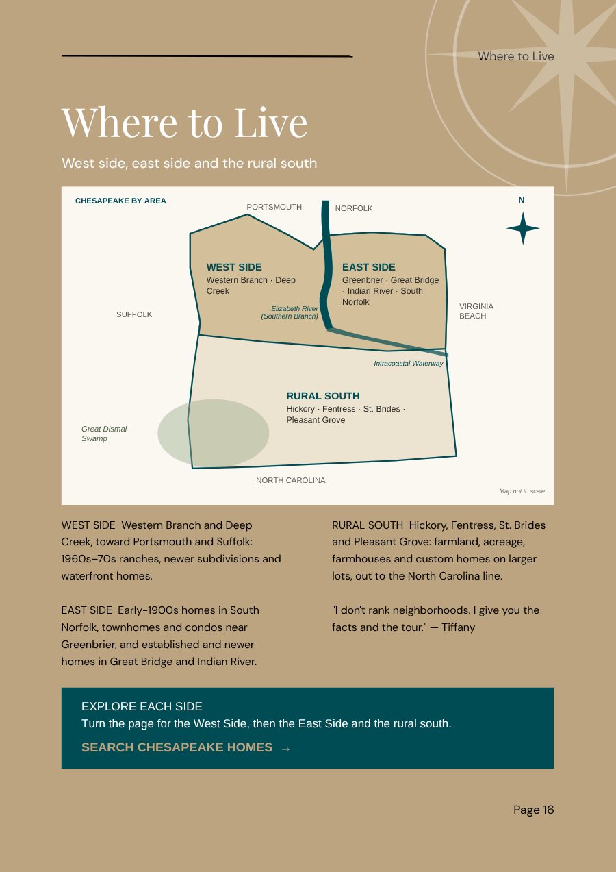 Chesapeake area map showing the West Side, East Side and Rural South divided by the Elizabeth River, from the Chesapeake city guide