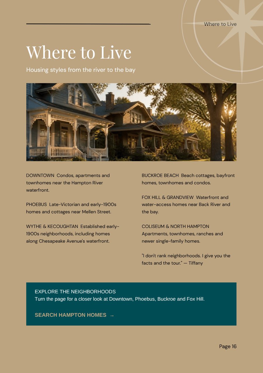 Where to Live page from the Hampton city guide showing housing styles by area