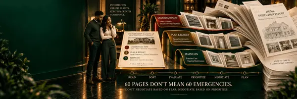 Create a luxury South Metro Atlanta real estate editorial blog header designed specifically for 6400 × 2000 px using a completely fresh visual concept called “From 60 Pages to 3 Priorities.” Make dar
