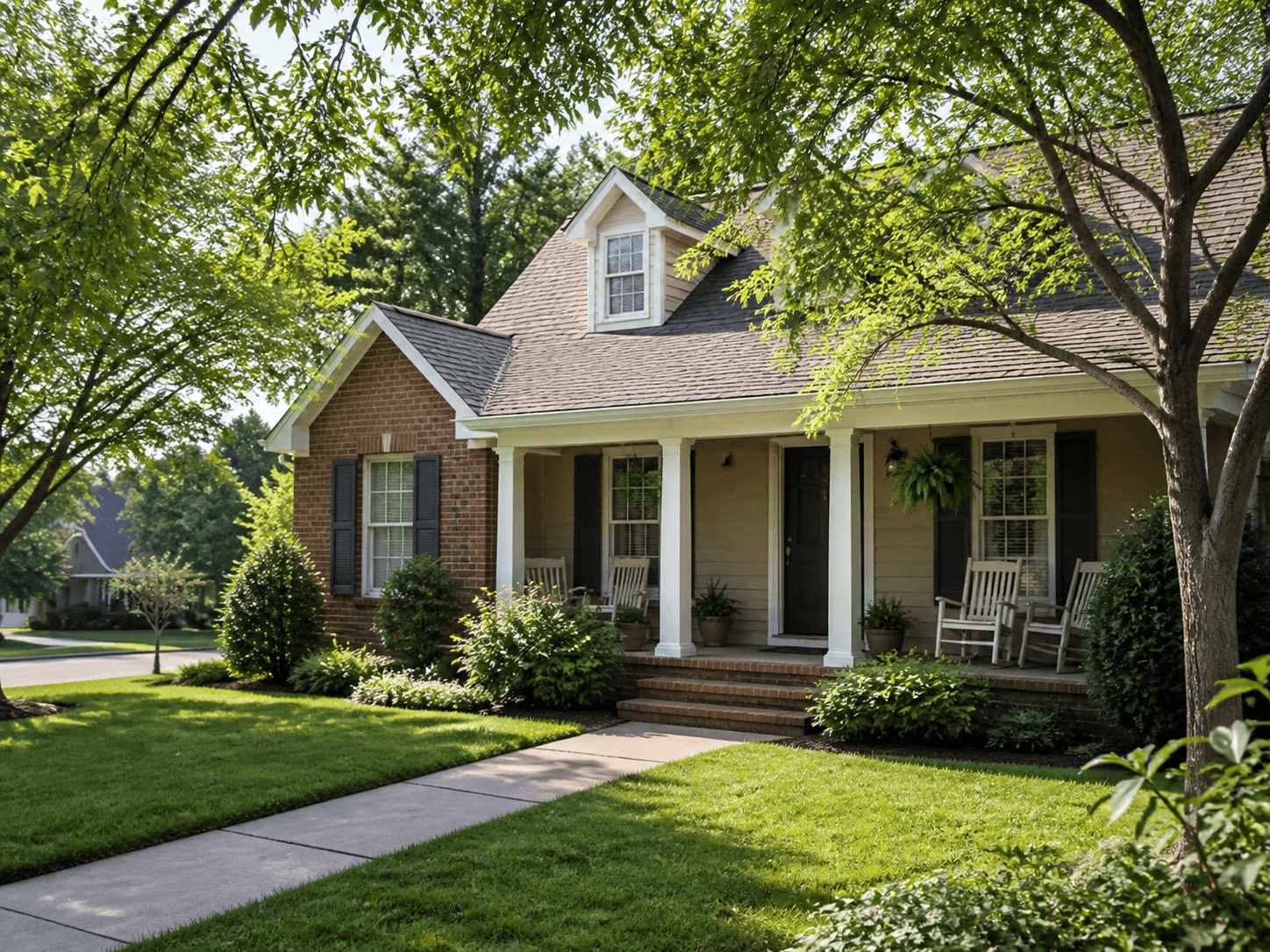 Brick-and-siding suburban home with covered front porch, rocking chairs, and mature shade trees
