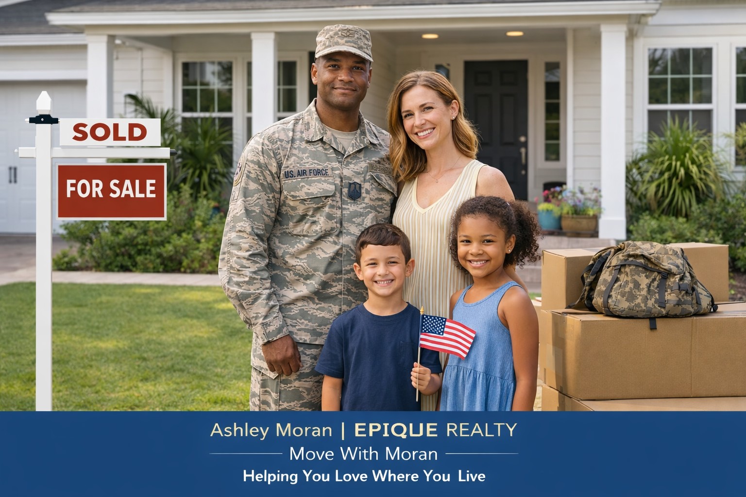 Military family standing in front of a home in Panama City FL after relocating to Tyndall Air Force Base, representing PCS home buying with Ashley Moran of EPIQUE REALTY
