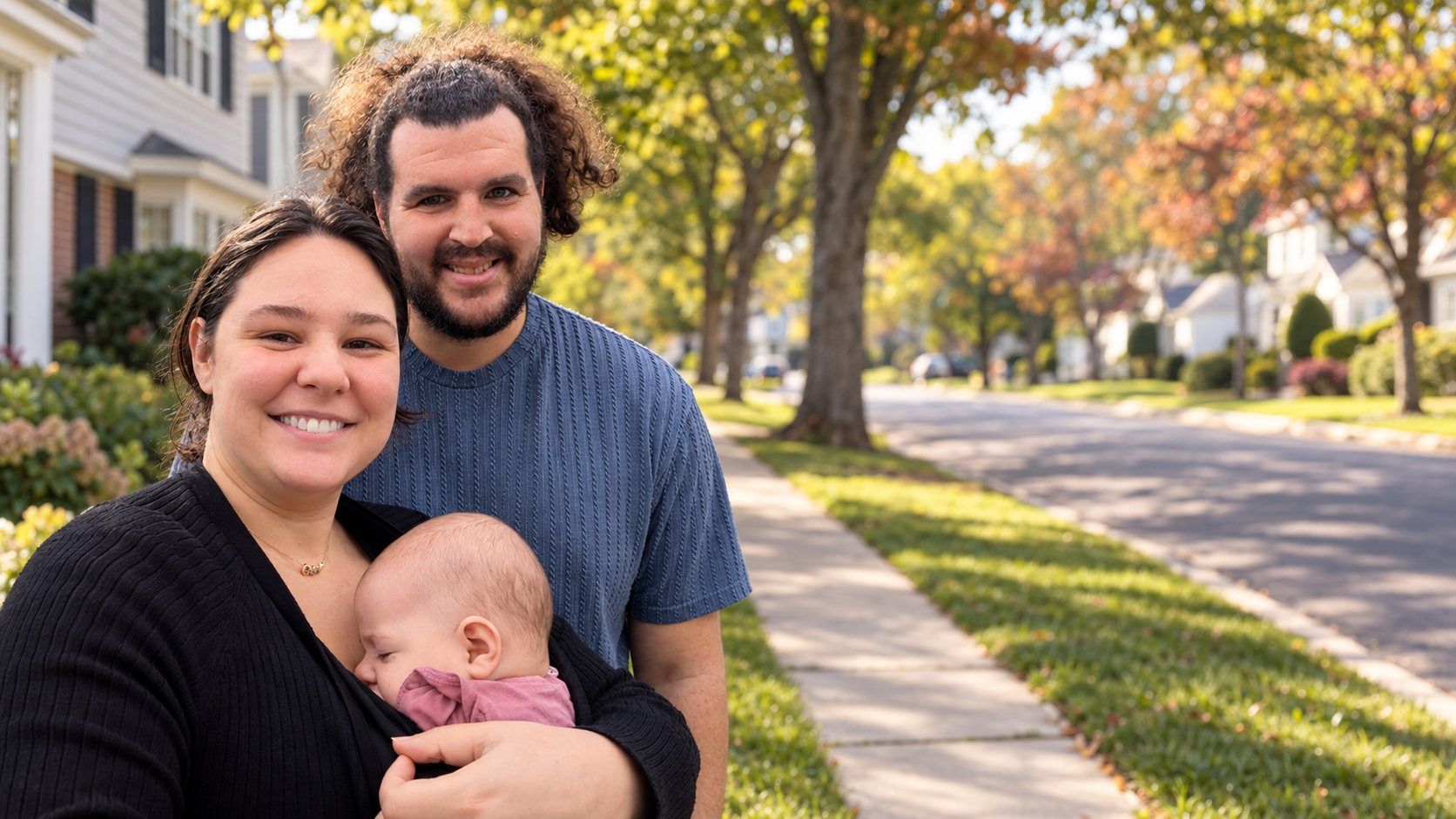 Claudia, Pat and baby Cecilia Dunn on a tree-lined street in Central New Jersey