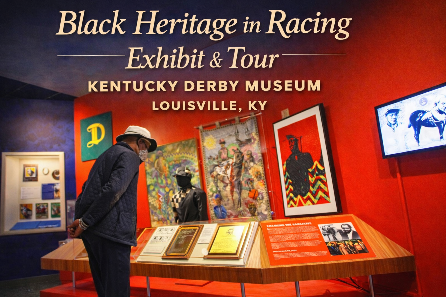 Black Heritage in Racing Exhibit & Tour at the Kentucky Derby Museum in Louisville, KY, showing a visitor viewing historical displays, artwork, and interpretive panels honoring African American jockeys, trainers, and owners who shaped Kentucky Derby history at Churchill Downs.