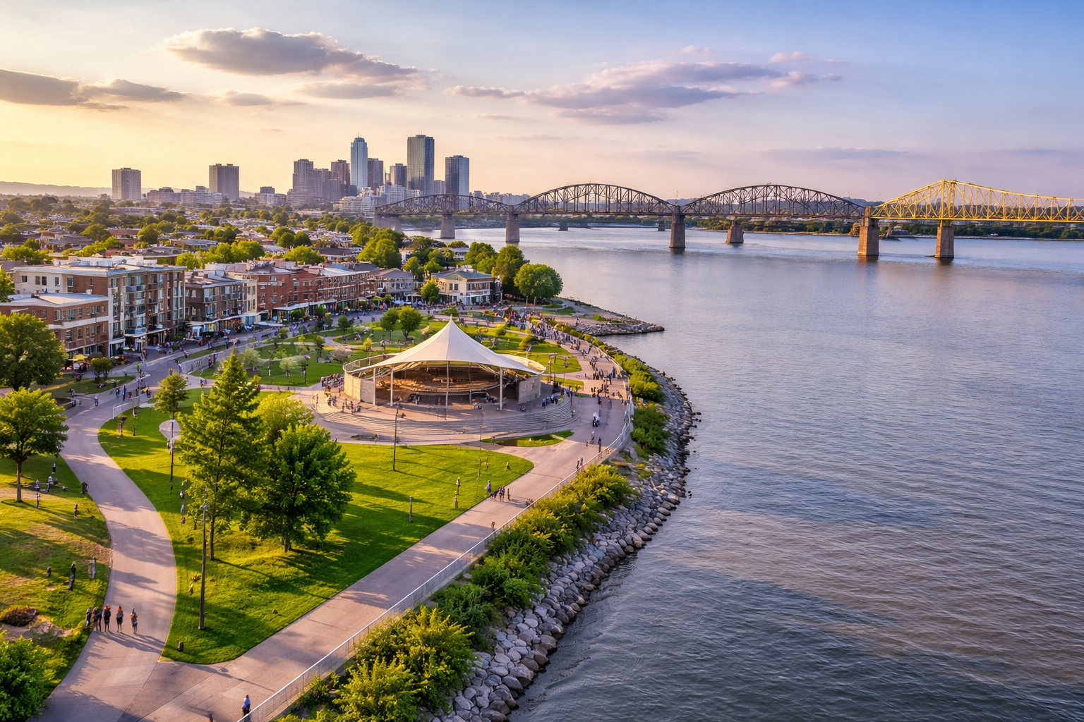 Southern Indiana riverfront in Jeffersonville featuring the Ohio River Greenway, modern amphitheater, scenic walking trails, and waterfront park with the Louisville, Kentucky skyline and bridges in the background. This area near New Albany and Jeffersonville offers close proximity to downtown Louisville employment, competitive home pricing, growing riverfront development, and access to Indiana Housing and Community Development Authority (IHCDA) buyer assistance programs.