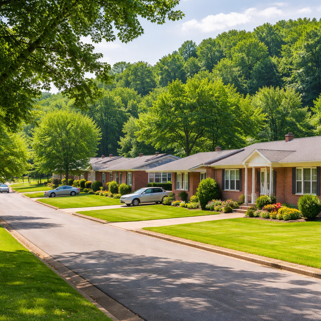 Quiet residential street in Valley Station, Louisville KY featuring brick ranch-style homes, well-maintained lawns, and mature trees on a sunny day, showcasing affordable suburban housing options ideal for first-time homebuyers seeking lower entry prices and long-term equity growth in the Louisville real estate market.