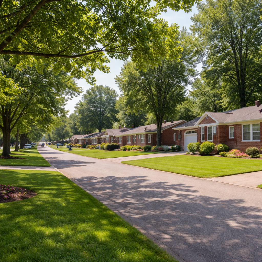 Residential street in Hikes Point, Louisville KY featuring established brick ranch homes, mature shade trees, manicured lawns, and quiet suburban setting near Bardstown Road and Taylorsville Road. Central Louisville neighborhood known for strong resale value, commute convenience, and proximity to shopping and healthcare employers.