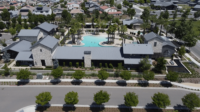 Animated aerial view of the Tesoro Viejo clubhouse and community amenities