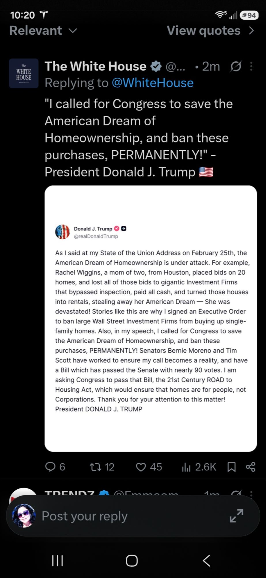 President Trump post on 21st Century ROAD to Housing Act banning Wall Street home purchases- Yalilee Ware